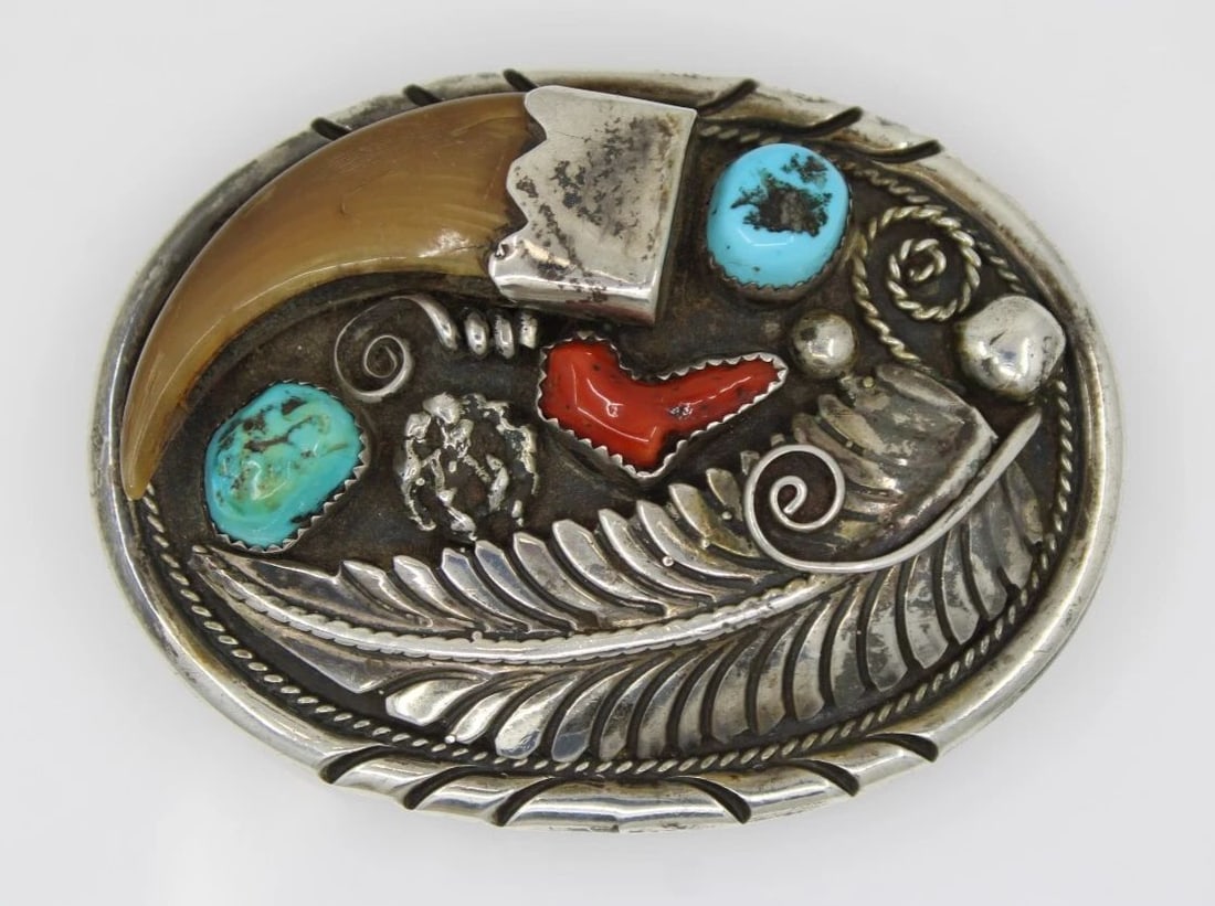 NATIVE AMERICAN STERLING SILVER TURQUOISE & CORAL BEAR BELT BUCKLE 52.5 GRAMS (1 of 2)