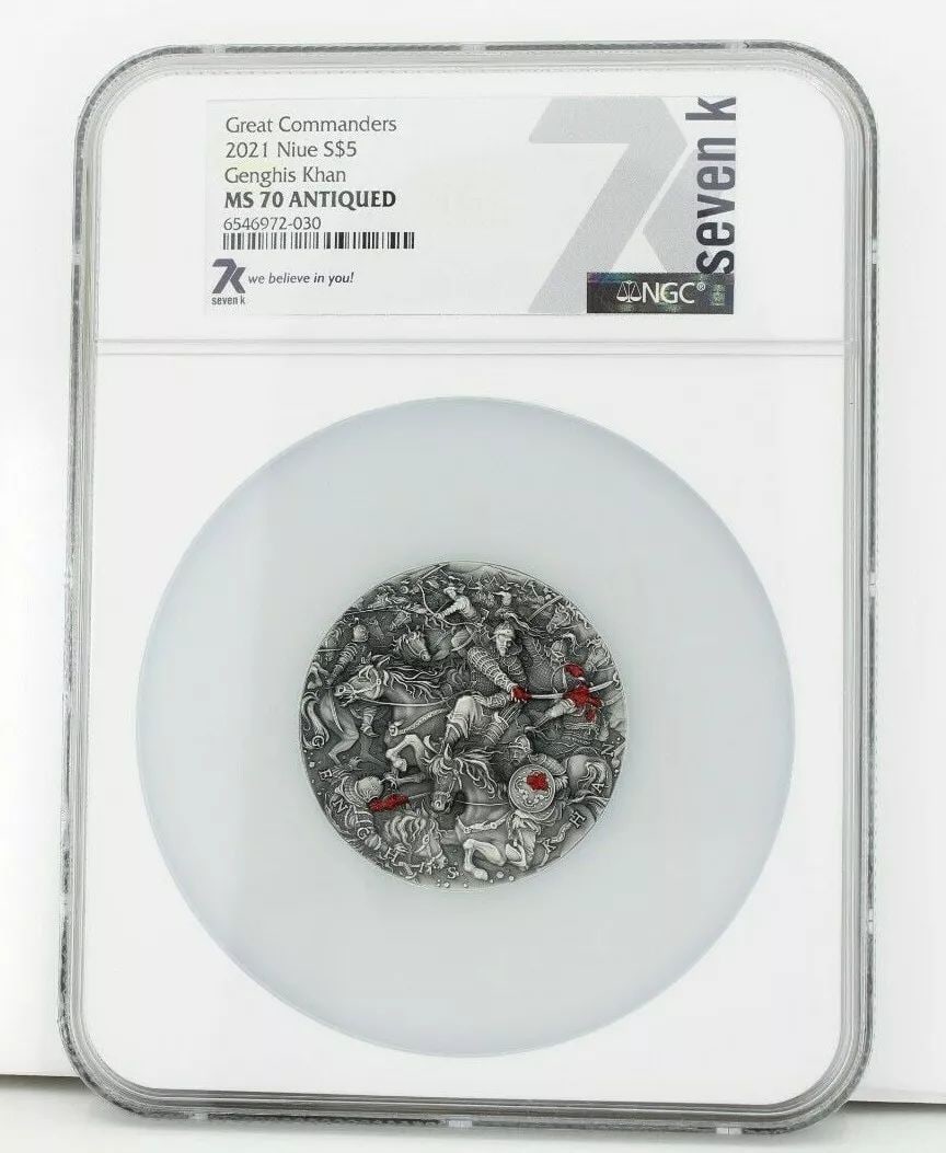 2021 NIUE S$5 GREAT COMMANDERS GENGHIS KHAN MS 70 ANTIQUED NGC 2 OUNCE SILVER (1 of 2)