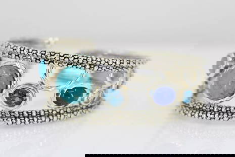 MICHAEL DAWKINS STERLING MULTI GEMSTONE TOPAZ LAPIS HINGED CUFF BRACELET 56.6G: MICHAEL DAWKINS STERLING MULTI GEMSTONE TOPAZ LAPIS HINGED CUFF BRACELET 56.6G Description Michael Dawkins Sterling Multi Gemstone Topaz Lapis Hinged Cuff Bracelet Item is in great condition. May show