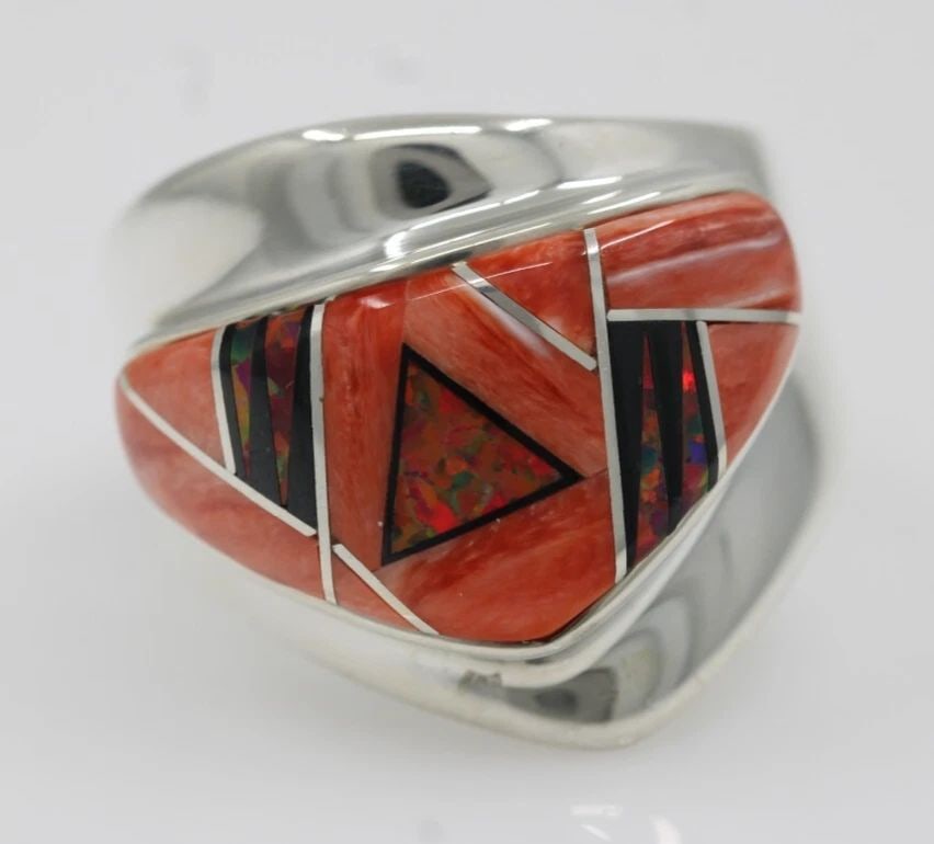 CALVIN BEGAY NAVAJO STERLING SILVER CORAL & OPAL INLAY RING SIZE 9 - 12.3 GRAMS (1 of 2)