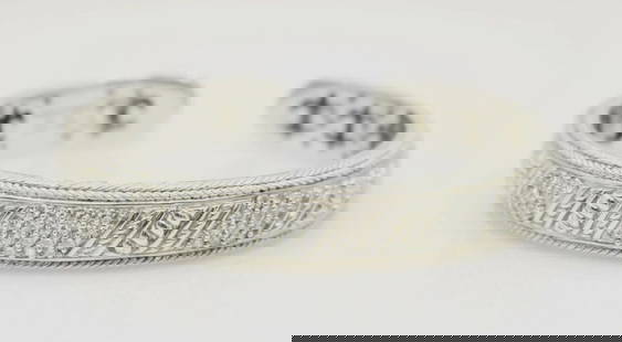 JUDITH RIPKA STERLING SILVER HINGED CUFF BRACELET 7": JUDITH RIPKA STERLING SILVER HINGED CUFF BRACELET 7" Description Judith Ripka Sterling Silver Hinged Cuff Bracelet The bracelet is in great condition. May show signs of wear and/or tear. Item has been