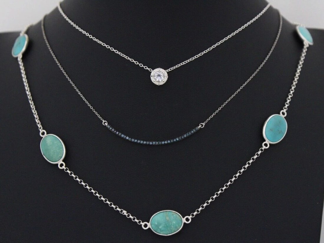 STERLING SILVER BLUE DIAMOND, TURQUOISE, & WHITE TOPAZ NECKLACES SET OF 3 (1 of 2)