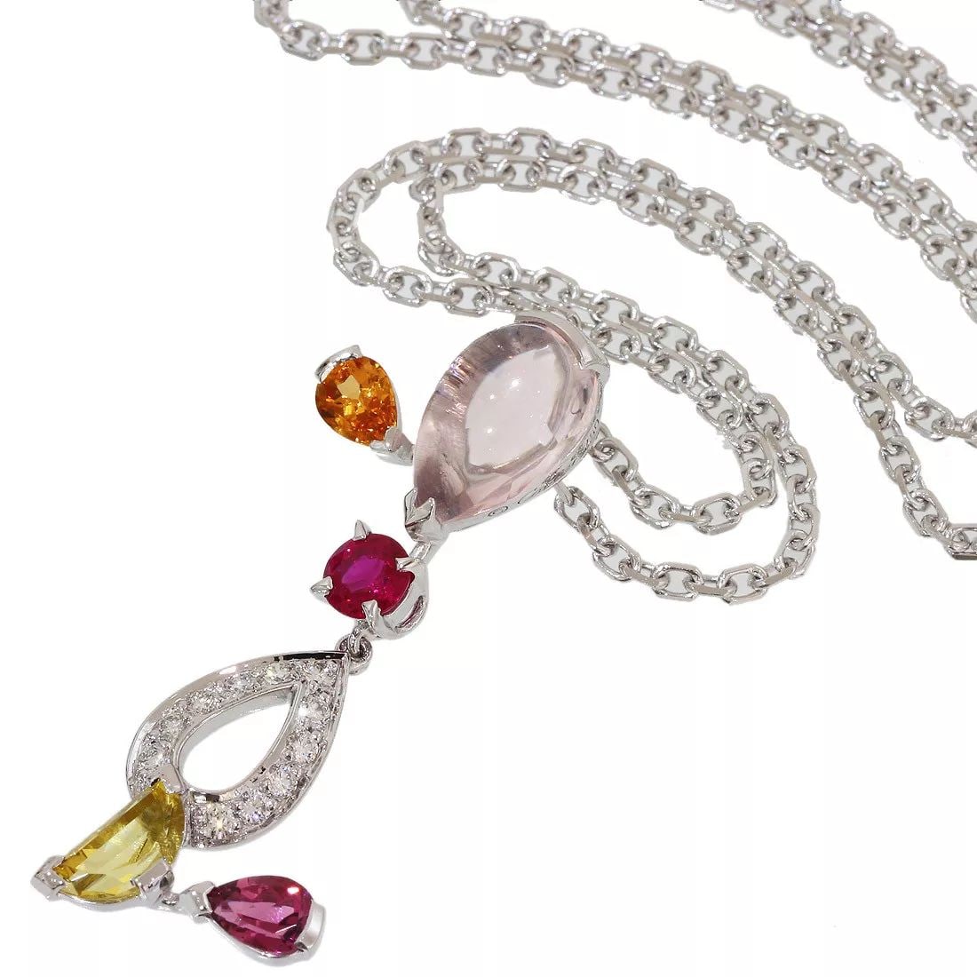 CARTIER MULTI GEMSTONE DELICES PENDANT NECKLACE IN 18K WHITE GOLD W/BOX: CARTIER MULTI GEMSTONE DELICES PENDANT NECKLACE IN 18K WHITE GOLD W/BOX D4915 Brand: Cartier Style: Necklace/Pendant Gem Stone: Diamonds, Rose quartz, Ruby, Pink tourmaline, Yellow Beryl, Garnet Seria