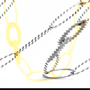 OVAL LINK 18K GOLD NECKLACE ASSORTED SHAPE & DESIGN HIGH FASHION 26" LONG: OVAL LINK 18K GOLD NECKLACE ASSORTED SHAPE & DESIGN HIGH FASHION 26" LONG This is a classic style large link long necklace, it is crafted from 18k yellow gold featuring 3 oval shaped puffed and hallow