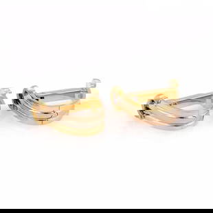C DE CARTIER 18K STIRRUP CUFFLINKS TRI-COLOR GOLD W/PAPER: C DE CARTIER 18K STIRRUP CUFFLINKS TRI-COLOR GOLD W/PAPER This elegant authentic pair of cufflinks are by Cartier from C de Cartier Collection. It is crafted from 18k pink, yellow and white gold with