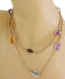 MULTICOLOR NECKLACE GEM MOTIF 14K YELLOW GOLD FIGARO LINK 36": MULTICOLOR NECKLACE GEM MOTIF 14K YELLOW GOLD FIGARO LINK 36" Multicolor Gem Motif 14k Yellow Gold Figaro Link Necklace 36"L Description This beautiful long figaro link necklace is crafted from 14k ye