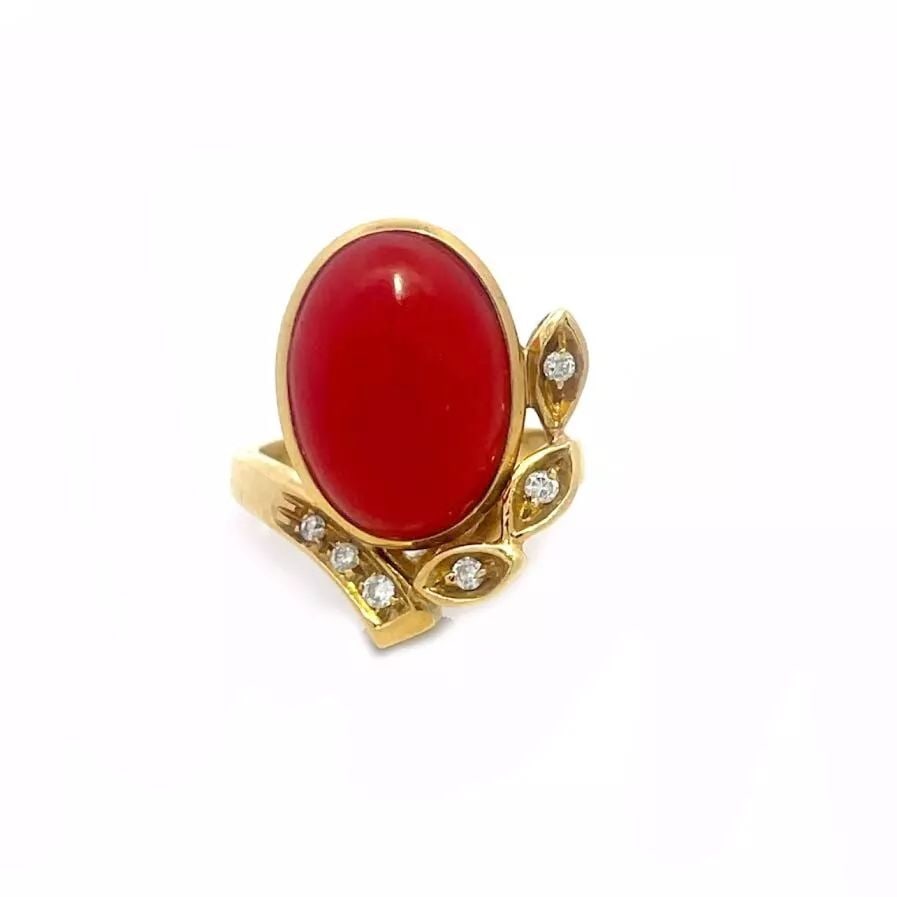 CORAL DIAMOND OVAL RING 18K YELLOW GOLD RETRO LEAF DESIGN (1 of 2)