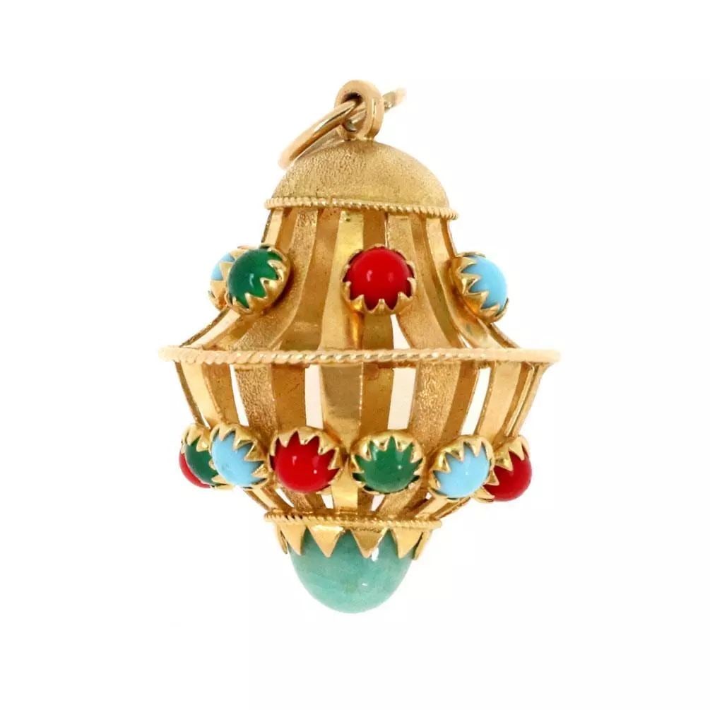 VINTAGE 18K GOLD TOURMALINE TURQUOISE & CORAL FANCY PENDANT (1 of 2)