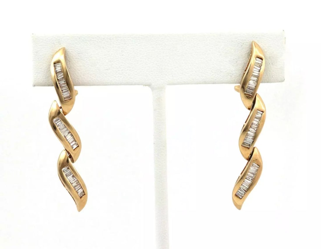 14K YELLOW GOLD BAGUETTE DIAMONDS 3 TIER DROP DANGLE EARRINGS LIQUIDATION (1 of 2)