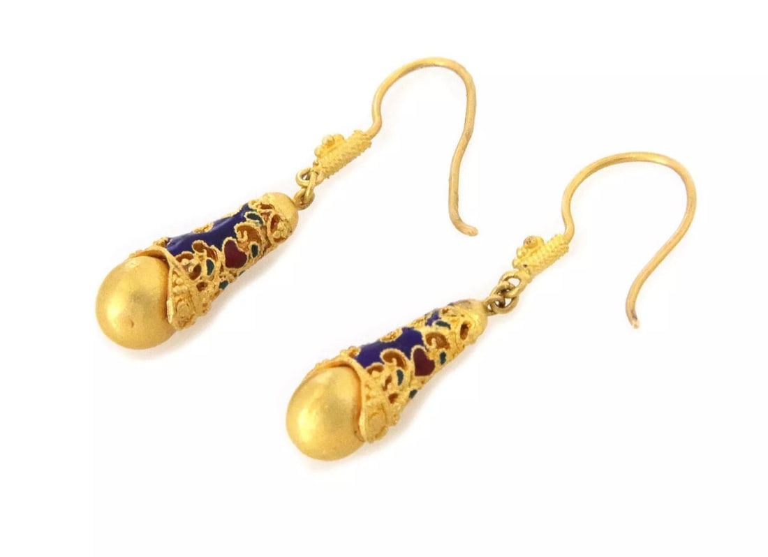ENAMEL 18K YELLOW GOLD FILIGREE TEARDROP DANGLE EARRINGS (1 of 2)