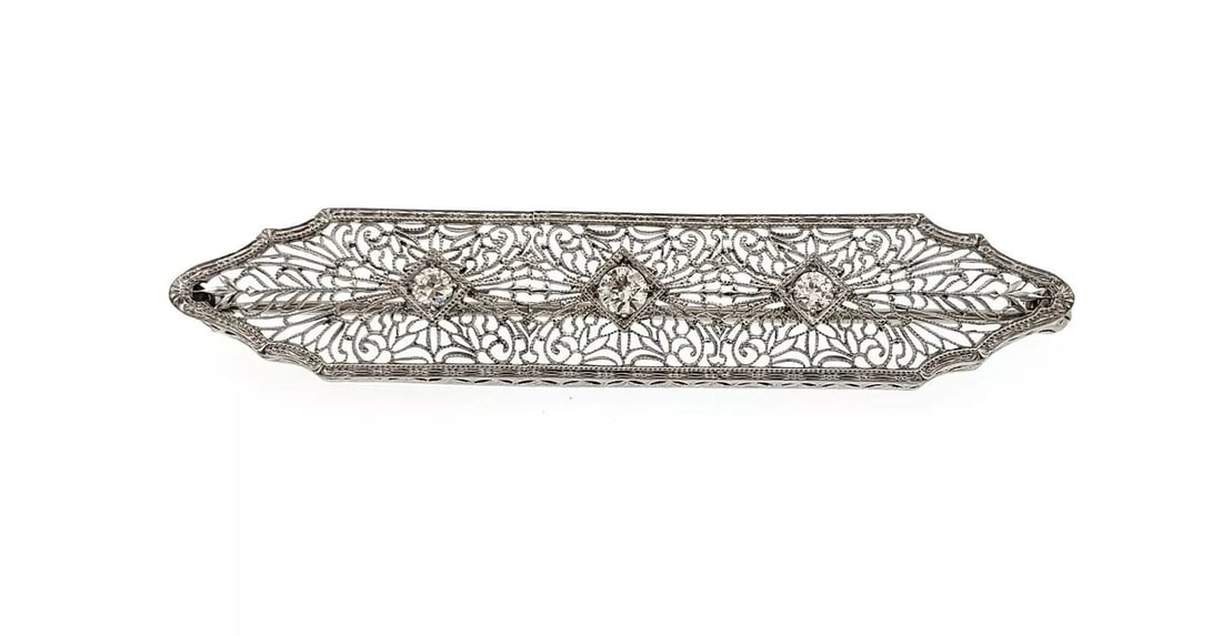 ART DECO PLATINUM DIAMOND 14K WHITE GOLD FILIGREE LONG BROOCH LIQUIDATION (1 of 2)