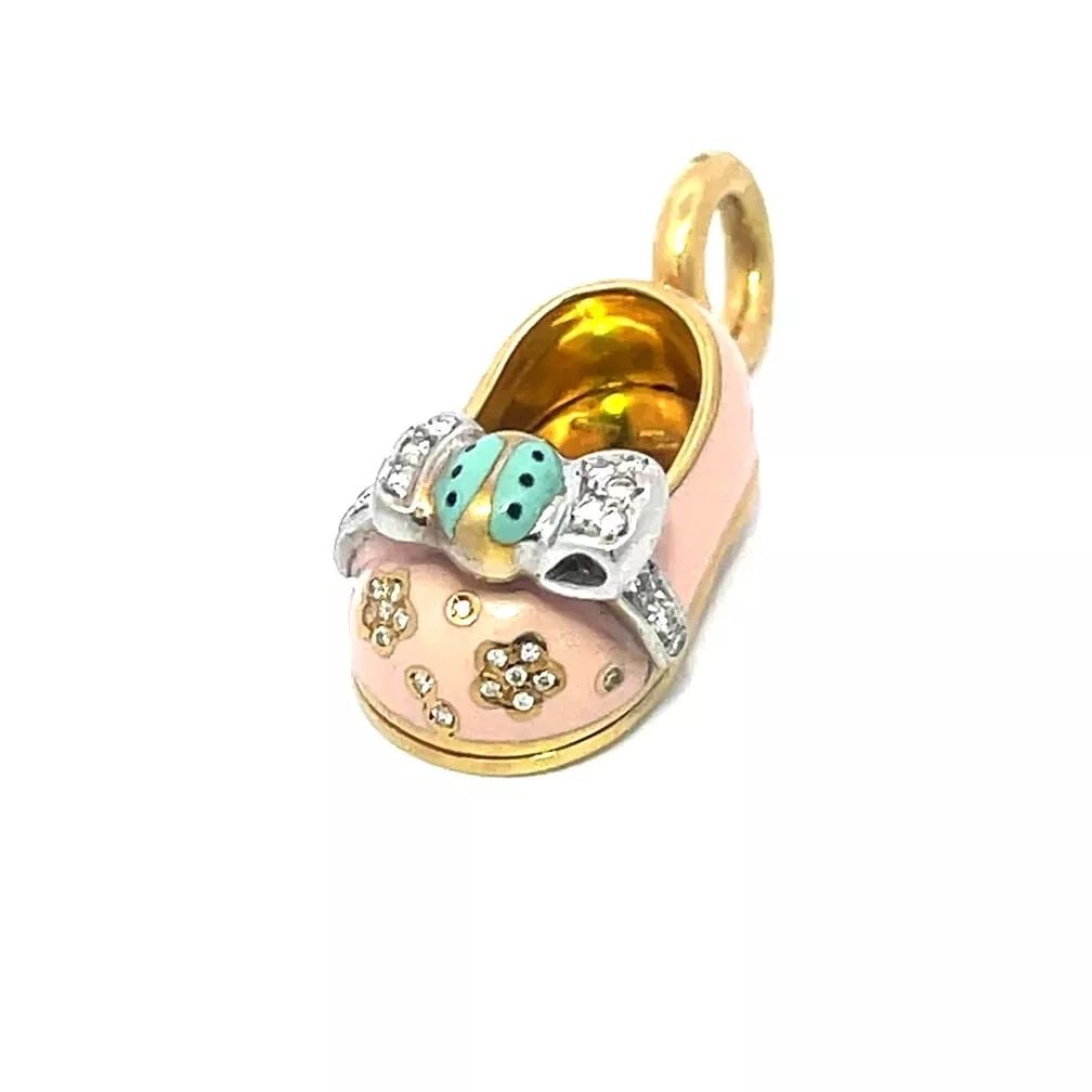6AARON BASHA DIAMOND GOLD SHOE CHARM 18K YELLOW PINK ENAMEL BOW MOTIF (1 of 2)