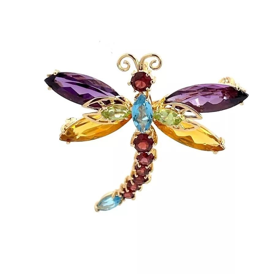 DRAGONFLY PENDANT PIN 14K YELLOW GOLD WITH MULTICOLOR GEMSTONES (1 of 2)
