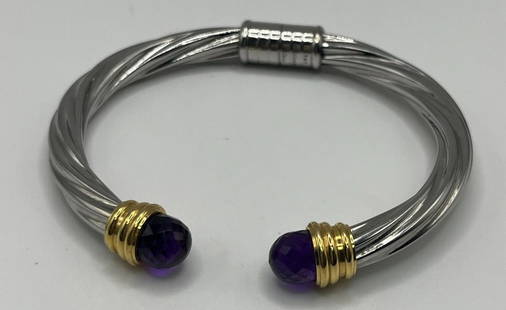 T&T STAINLESS STEEL PURPLE CRYSTAL GOLDONE SILVERTONE OPEN TWIST BANGLE BRACELET: T&T STAINLESS STEEL PURPLE CRYSTAL GOLDONE SILVERTONE OPEN TWIST BANGLE BRACELET