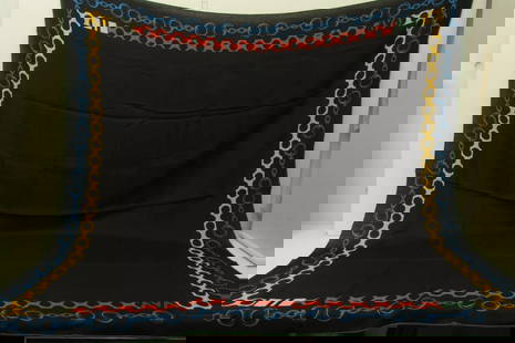 AUTHENTIC HERMES CASHMERE SHAWL BLACK W BLUE LINKING CHAIN BORDER 140CM SCARF: Authentic Hermes Cashmere Shawl Black w Blue Linking Chain Border 140cm Scarf Hermes Blue Chain Borders Height & Width: 140cm (55 inches) 70% Cashmere, 30% Silk Black, Blue, Green, Multicolor Large Sh