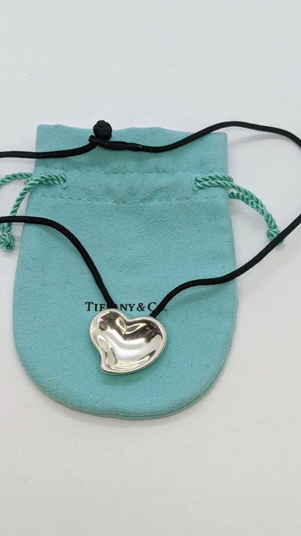TIFFANY & CO. ELSA PERETTI STERLING SILVER FULL HEART PENDANT ON SILK CORD - 17" (1 of 2)