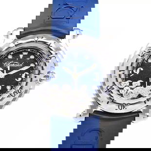CHOPARD HAPPY SPORT STAINLESS STEEL 8245 LADIES WATCH PRE-OWNED: CHOPARD HAPPY SPORT STAINLESS STEEL 8245 LADIES WATCH PRE-OWNED Item Description ?Brand: Chopard ?Type: Happy Fish Moving Diamond ?Model number: 8245 ?Target: Ladies ?Color: Silver/Blue ?Series: Happy