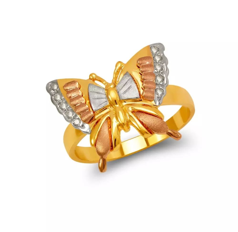 NEW 14K TRI COLOR GOLD LADIES BUTTERFLY CZ RING (1 of 2)