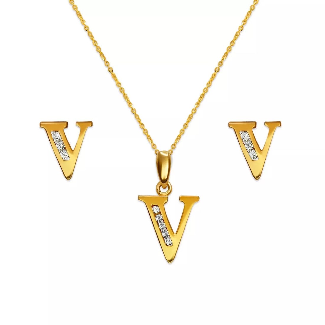 NEW 14K YELLOW GOLD INITIAL " V " COLLECTION SET PENDANT AND EARRINGS: NEW 14K YELLOW GOLD INITIAL " V " COLLECTION SET PENDANT AND EARRINGS 14K Yellow Gold Approx. Measurements: Earrings- 6.5x7mm, Pendant- 10x10mm High Polished/Cubic Zirconia Items in this Set: Earrings