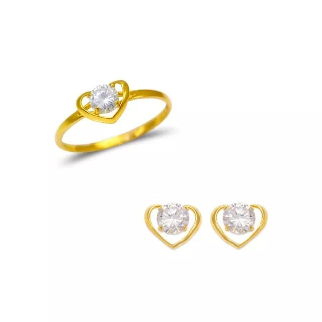 NEW 14K YELLOW GOLD KIDS HEART RING AND EARRINGS CZ SET (1 of 2)