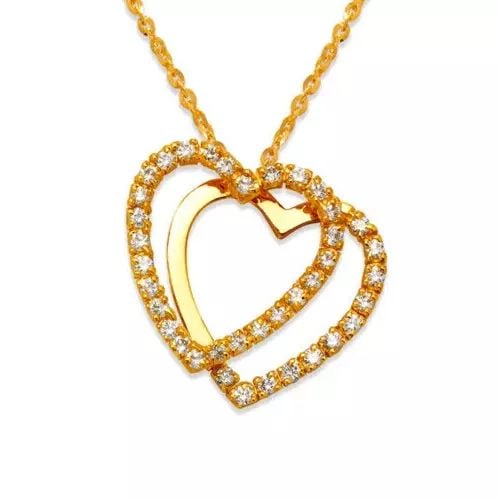 NEW 14K YELLOW GOLD TWO HEARTS CZ PENDANT 14K Yellow Gold Approx. 21x20mm High Polished/Cubic: NEW 14K YELLOW GOLD TWO HEARTS CZ PENDANT 14K Yellow Gold Approx. 21x20mm High Polished/Cubic Zirconia Available in White Gold Chains Sold Separately Weight: 3.8 Grams