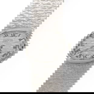 VINTAGE PATEK PHILIPPE 18K WHITE GOLD HAND WIND LADIES WRISTWATCH 5" LONG: VINTAGE PATEK PHILIPPE 18K WHITE GOLD HAND WIND LADIES WRISTWATCH 5" LONG Vintage Patek Philippe 18k White Gold Hand Wind Ladies Wristwatch Description This is an elegant authentic hand winding ladies