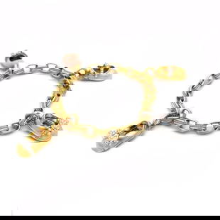 AARON BASHA 4 SHOE CHARM BRACELET 18K GOLD ENAMEL OVAL LINK: AARON BASHA 4 SHOE CHARM BRACELET 18K GOLD ENAMEL OVAL LINK This is a charming 18k yellow gold chain bracelet features chasing oval links with a fine braided design around each link. Dangling from the