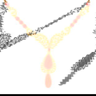 VINTAGE CORAL & DIAMOND FANCY BEADED PENDANT & CHAIN NECKLACE: VINTAGE CORAL & DIAMOND FANCY BEADED PENDANT & CHAIN NECKLACE Vintage Coral & Diamond Fancy Beaded Pendant & Chain Necklace Description This lovely vintage necklace is crafted from 18k yellow gold wit