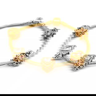 PANDORA 14K YELLOW GOLD 5 SLIDE CHARMS SNAKE WHITE STONE CHAIN BRACELET: PANDORA 14K YELLOW GOLD 5 SLIDE CHARMS SNAKE WHITE STONE CHAIN BRACELET From the Classic Collection by Pandora, this 14k yellow gold snake chain bracelet has 5 slide charms, hearts, box round and star