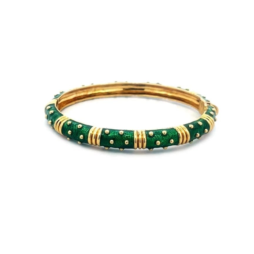 HIDALGO GOLD ENAMEL BANGLE 18K YELLOW GREEN DOME DOT STYLE (1 of 2)