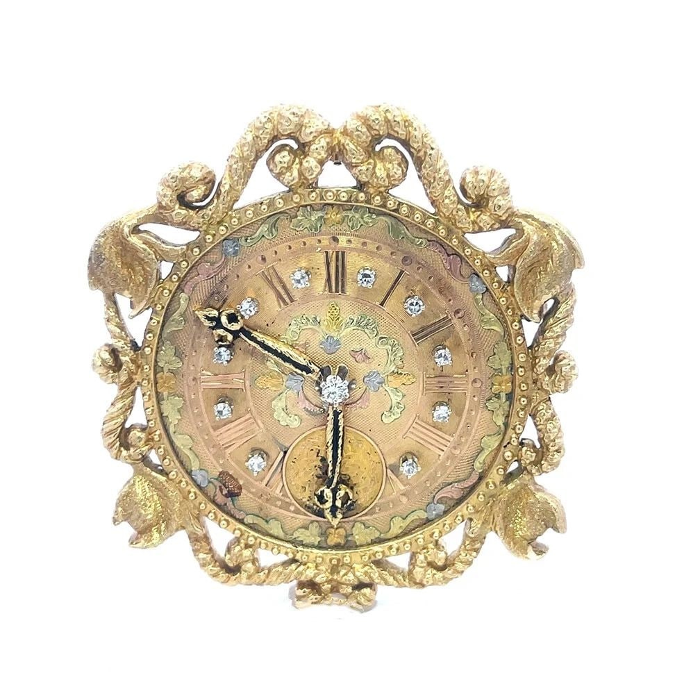 RETRO DIAMOND GOLD CLOCK PENDANT/PIN 18K 13K SCROLL FRAME LARGE (1 of 2)