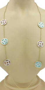 IPPOLITA MOTHER OF PEARL TURQUOISE 18K YGOLD 6 ROUND STATION LONG NECKLACE: IPPOLITA MOTHER OF PEARL TURQUOISE 18K YGOLD 6 ROUND STATION LONG NECKLACE Ippolita Mother of Pearl Turquoise 18k YGold 6 Round Station Long Necklace Description This is a fashionable authentic long c