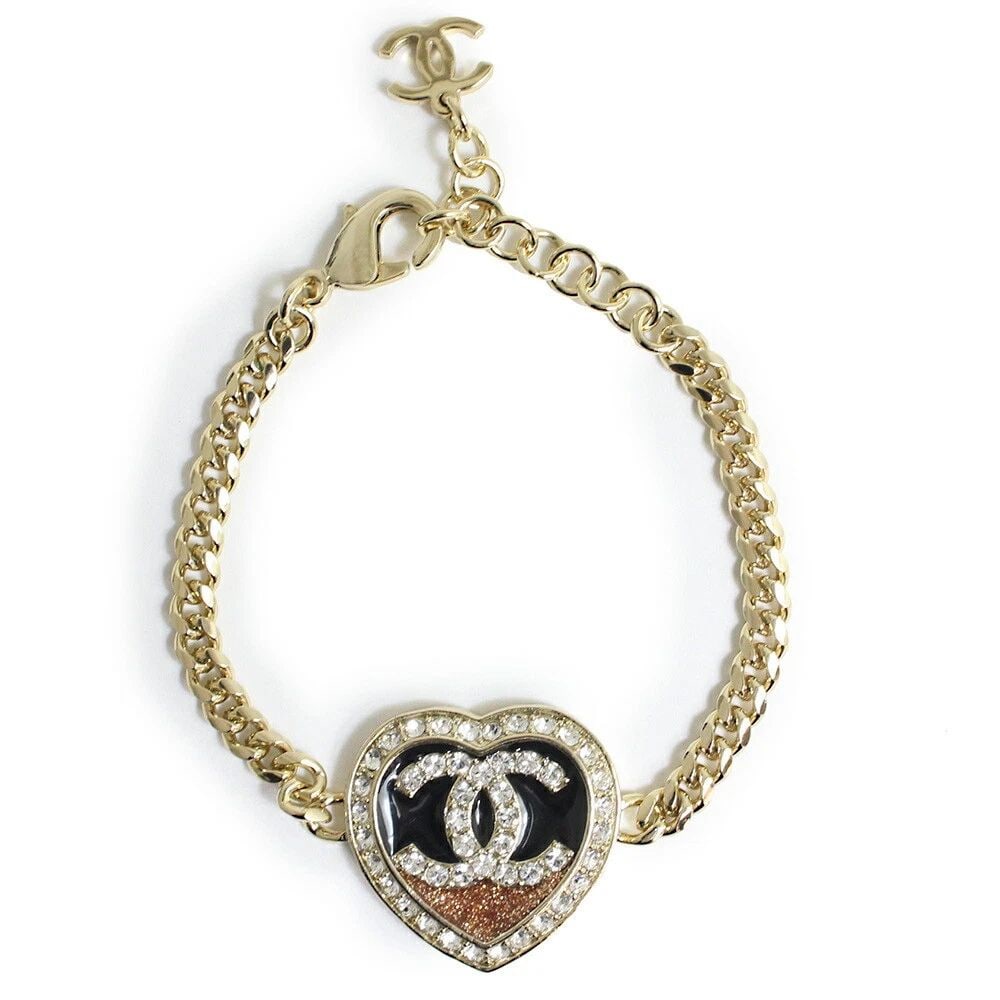CHANEL BRACELET CHAIN BLACK HEART CC RHINESTONE COCO GOLD GP AUTHENTIC: CHANEL Bracelet Chain Black Heart CC Rhinestone COCO Gold GP authentic Description [Condition] S As good as new. Used several times or close to a new item. [Size]Chain L 7.87"(20cm) /Wrist L 5.7"-7.1"