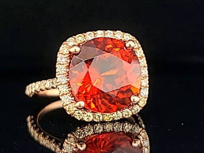 14K ROSE GOLD  RING 6.45CT. NATURAL ORANGE GARNET SPESSARTINE CUSHION SHAPE: 14K ROSE GOLD RING 6.45CT. NATURAL ORANGE GARNET SPESSARTINE CUSHION SHAPE GORGEOUS 14K yellow gold engagement ring with natural orange spessartine garnet in a cushion shape center natural orange garn