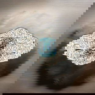 PLATINUM VINTAGE FILIGREE ENGAGEMENT RING 1.05CT.NATURAL TEAL SAPPHIRE 1930'S: PLATINUM VINTAGE FILIGREE ENGAGEMENT RING 1.05CT.NATURAL TEAL SAPPHIRE 1930'S Gorgeous platinum Engagement ring antique filigree art deco ring set natural teal Sapphire circ 1930's center set natural