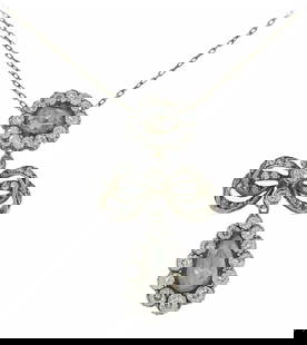 VICTORIAN NECKLACE DIAMOND PENDANT IN SILVER 14K GOLD ANTIQUE ESTATE JEWELRY: VICTORIAN NECKLACE DIAMOND PENDANT IN SILVER 14K GOLD ANTIQUE ESTATE JEWELRY Victorian Diamond 14 karat Yellow Gold Silver Pendant Necklace Delicate, feminine drop necklace created in the 1900s. Made