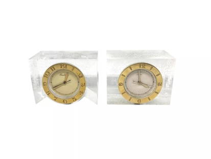 1950S CARTIER YELLOW GOLD AND LUCITE PAIR OF DESK CLOCKS W/ LECOULTRE MOVEMENT: 1950S CARTIER YELLOW GOLD AND LUCITE PAIR OF DESK CLOCKS W/ LECOULTRE MOVEMENT 1950S CARTIER YELLOW GOLD AND LUCITE PAIR OF DESK CLOCKS W/ LECOULTRE MOVEMENT Set of 2 Cartier desk clocks made in 1950'