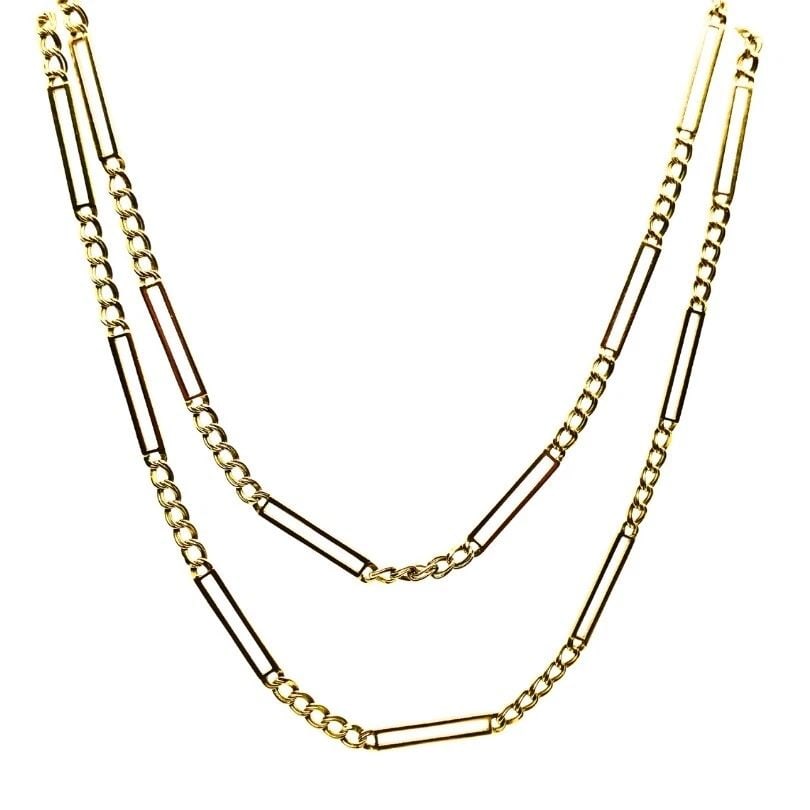 CHIMENTO NECKLACE 14K BAR LINK CHAIN: CHIMENTO NECKLACE 14K BAR LINK CHAIN DESIGNER: Chimento CIRCA: Late 20th Century MATERIALS: 14k Yellow Gold WEIGHT: 22.1 grams MEASUREMENTS: Length: 31”, Width: 1/8” HALLMARKS: Chimento, I