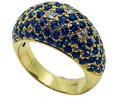 POIRAY GOLD SAPPHIRE DIAMOND DOME RING: POIRAY GOLD SAPPHIRE DIAMOND DOME RING POIRAY GOLD SAPPHIRE DIAMOND DOME RING DESIGNER: Poiray CIRCA: Late 20th Century MATERIALS: 18k Yellow Gold GEMSTONE: Sapphire, Round Brilliant Cut Diamond WEIGH