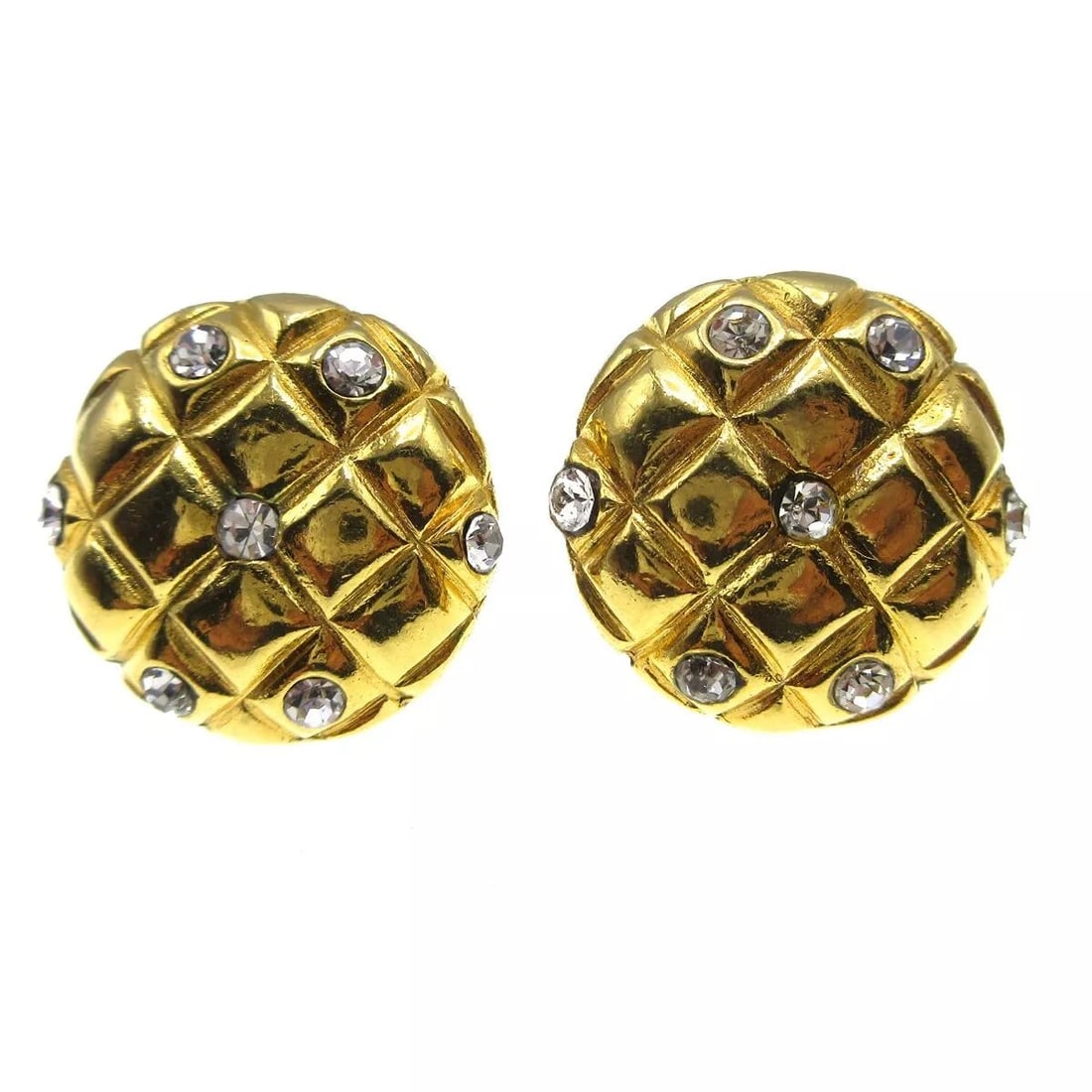 CHANEL QUILTED BUTTON RHINESTONE EARRINGS CLIP-ON (1 of 2)