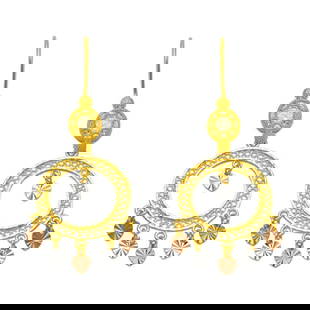 14K TRI COLOR GOLD DROP DANGLE CHANDELIER CZ EARRINGS: NEW 14K TRI COLOR GOLD EARRINGSNew 14K Tri color Gold EarringsMeasures: 42mm Long X 22" WideSet with CZDiamond cut earrings have a polished finish Hook backingsStamp: 14kAvg Weight: 5.7g
