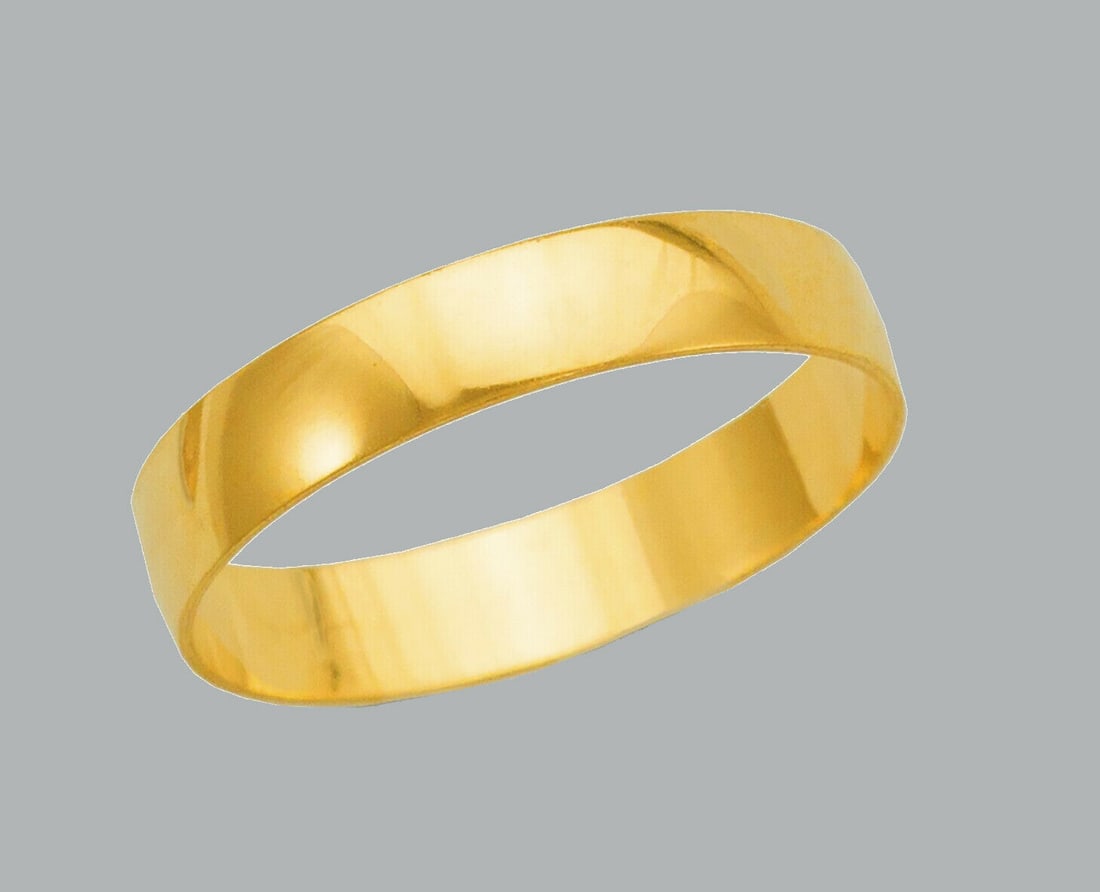 14K YELLOW GOLD WEDDING BAND RING FLAT FIT 4mm SIZE 10: NEW 14K YELLOW GOLD WEDDING BAND RING If you don't see a size you want please let us know Size 10 Measures 4mm wide 14K Solid Yellow gold (not hollow or plated) Flat fit band Ring is New Polished fini
