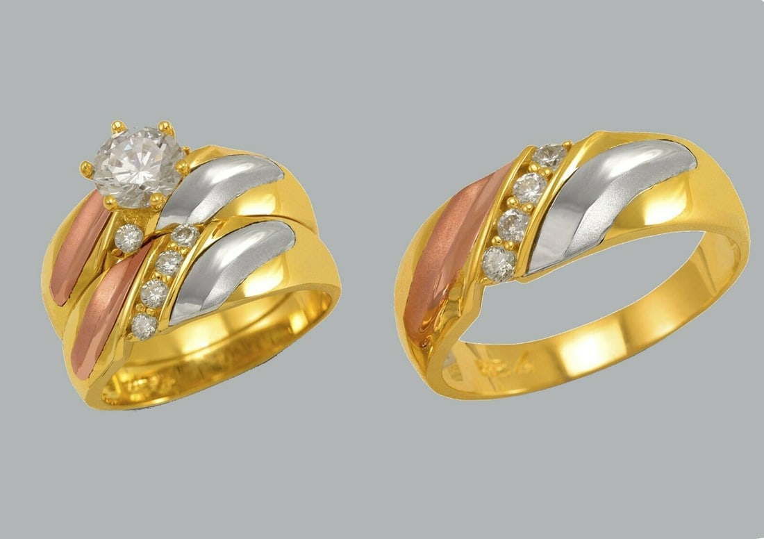 14K GOLD TRIO WEDDING SET CZ ENGAGEMENT RING BANDS 3pcs (1 of 1)