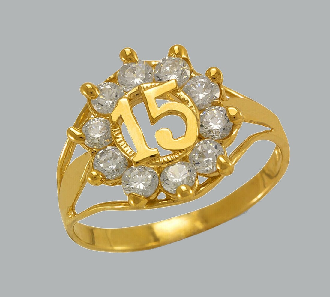 NEW 14K YELLOW GOLD LADIES CLEAR CZ RING 15 ANOS (1 of 1)