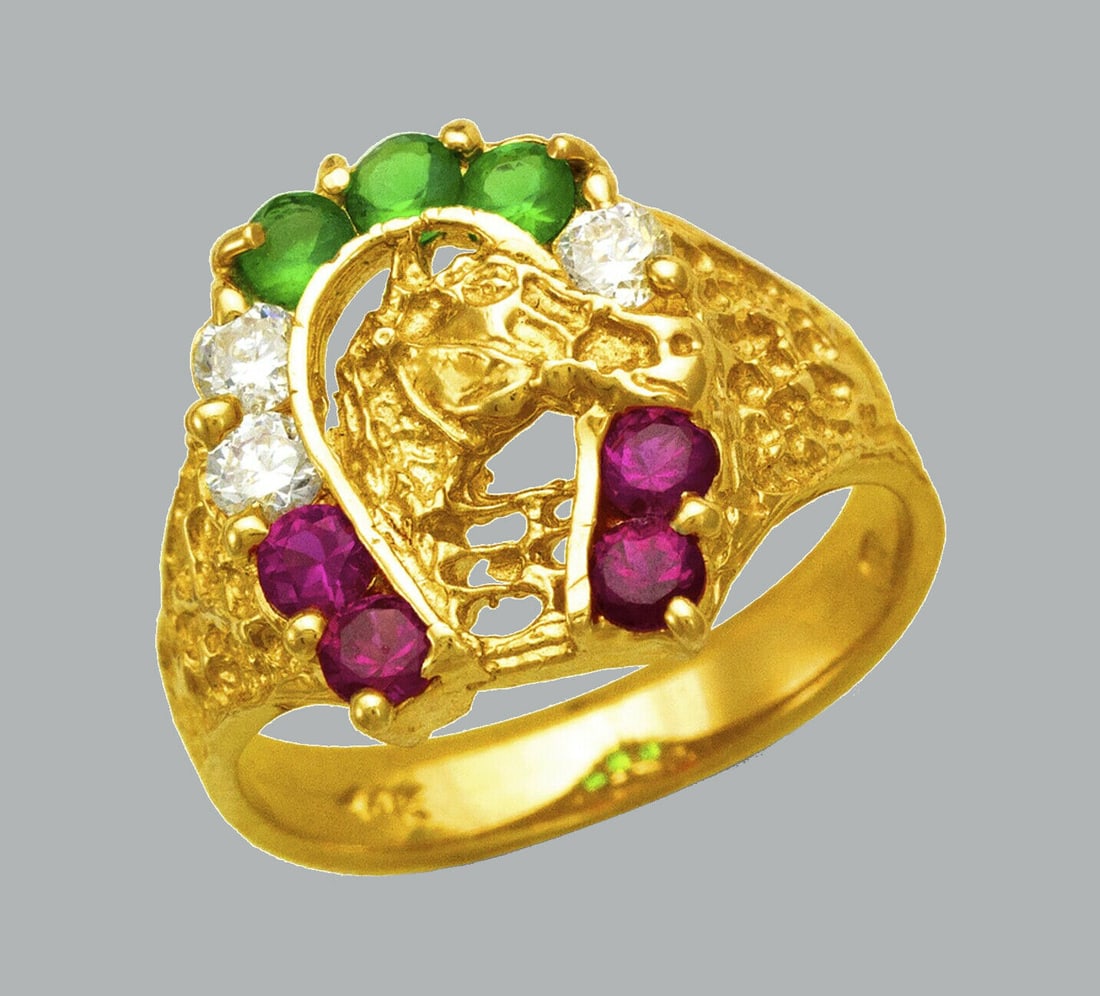 14K Y/ GOLD CZ RING MENS HORSE HORSESHOE RING GOODLUCK (1 of 1)