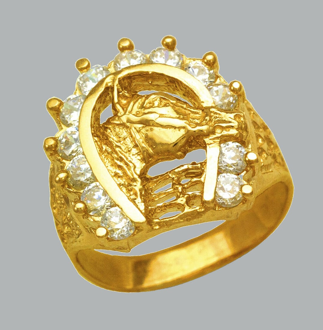 14K GOLD CZ RING MENS HORSESHOE RING GOODLUCK LARGE (1 of 1)