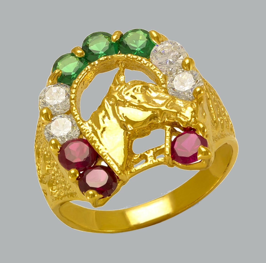 14K GOLD CZ RING MENS HORSESHOE RING GOODLUCK LARGE (1 of 1)