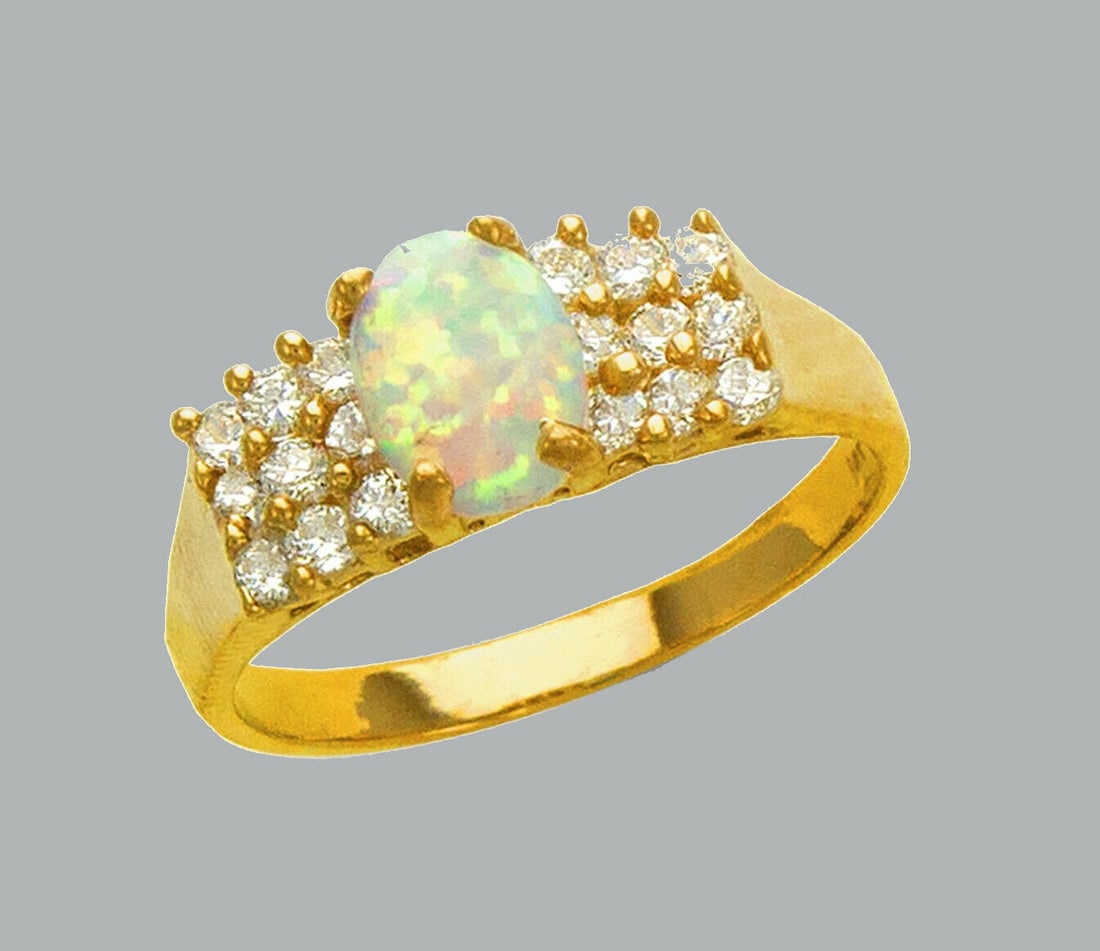 NEW 14K YELLOW GOLD LADIES CZ OPAL COCKTAIL RING (1 of 1)