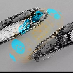 VINTAGE BEAUTIFUL NAVAJO STERLING SILVER TURQUOISE WATCH CUFF BRACELET: VINTAGE TURQUOISE STERLING SILVER WATCH CUFF Vintage Turquoise sterling silver Navajo watch cuff Timex watch, keeps accurate time Measures 2.37" inside length Measures 1.23" wide in front Vintage, Pre