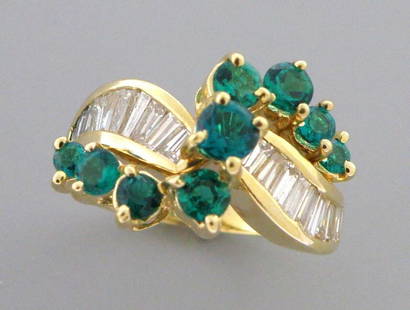 14K YELLOW GOLD BAGUETTE DIAMOND & EMERALD LADIES COCKTAIL RING APPRAISAL $3495: 14K YELLOW GOLD DIAMOND EMERALD RING SIZE 6 Ring size is a 6 (can easily be sized by your local jeweler) 14K yellow gold Set with 20 natural diamond baguettes, apx 0.75ct H-I color VS1-VS2 clarity Eme